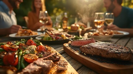A lively gathering of friends enjoying a meal outdoors, featuring grilled steaks and fresh vegetables on a sunny afternoon with joyful conversations.
