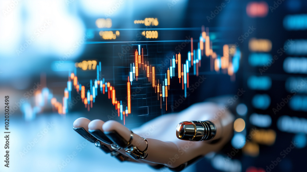 Poster close up of robotic hand holding glowing stock chart, symbolizing advanced technology in finance. vi