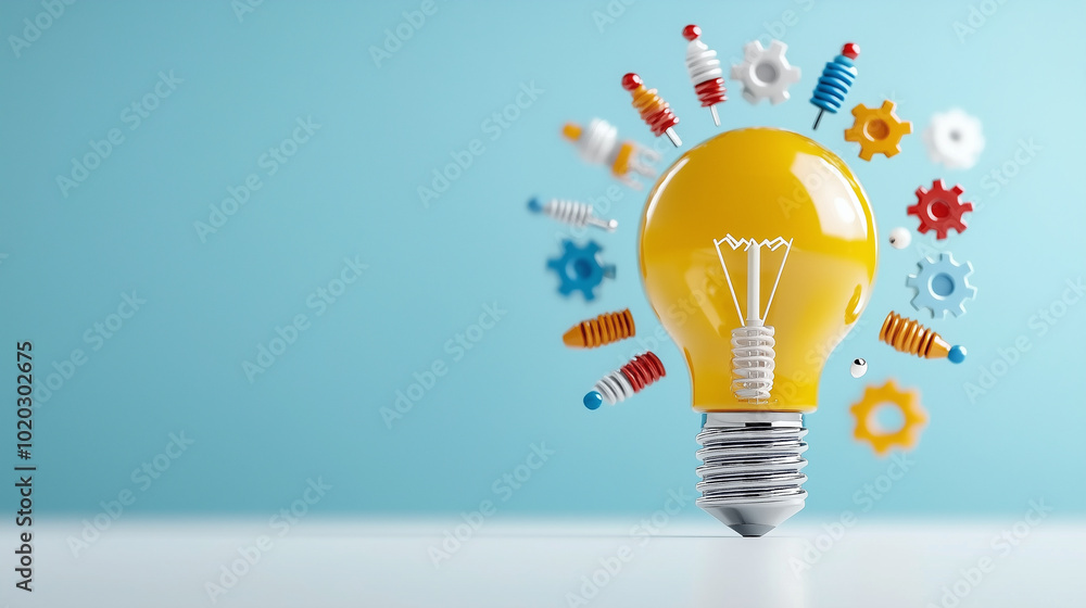 Poster bright yellow light bulb symbolizes creativity and innovation, surrounded by colorful gears and spirals, representing dynamic nature of ideas and problem solving