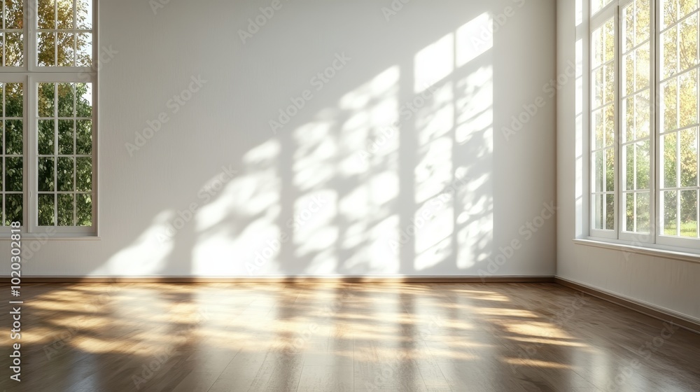 Poster an empty room filled with sunlight streaming through large windows, highlighting the wooden floor an