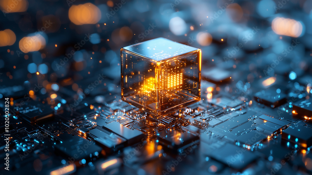 Poster glowing cube representing data sits on circuit board, surrounded by shimmering lights and intricate patterns. This captures essence of technology and innovation
