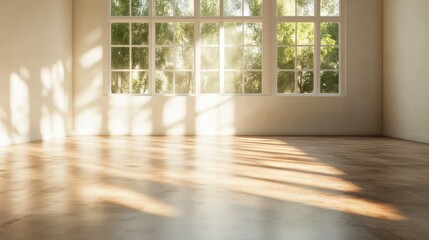 Obraz premium A bright, empty room where light floods through the expansive windows, illuminating the spaciousness and modern architecture with an airy feel.