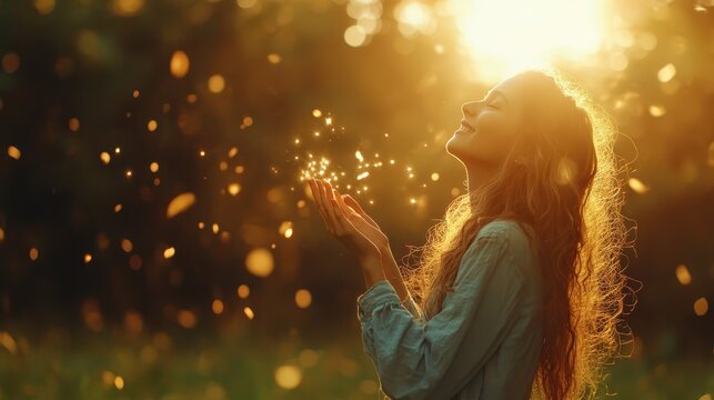 A joyful woman with closed eyes, embracing the warm sunlight while surrounded by gently falling leaves, conveying a sense of happiness and harmony with nature.