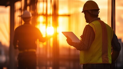 Two construction workers, silhouetted against the setting sun, utilize tablet devices, representing teamwork, cooperation, and technological integration on site.