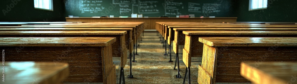 Poster neatly arranged classroom tables for learning environment