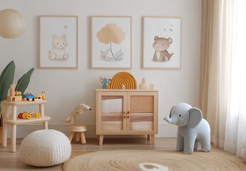 A nursery room decorated with wooden furniture, toys, and animal themed wall art, creating a cozy and playful space for a child.
