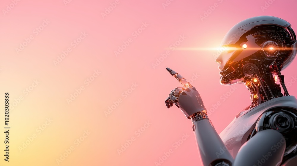 Poster a highly advanced robotic entity with glowing eyes gestures dramatically, indicating exploration of 