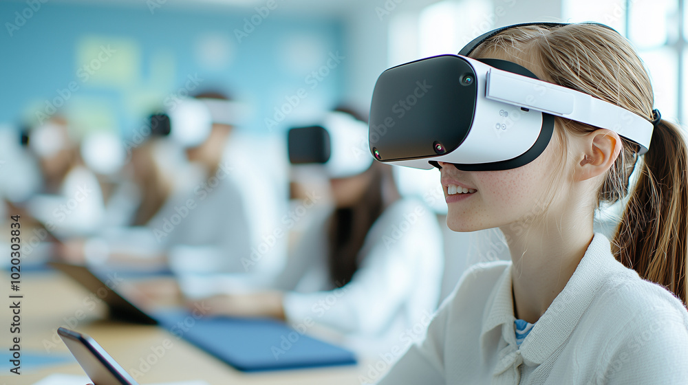Poster immersive learning in high tech classroom with students using virtual reality headsets. environment 