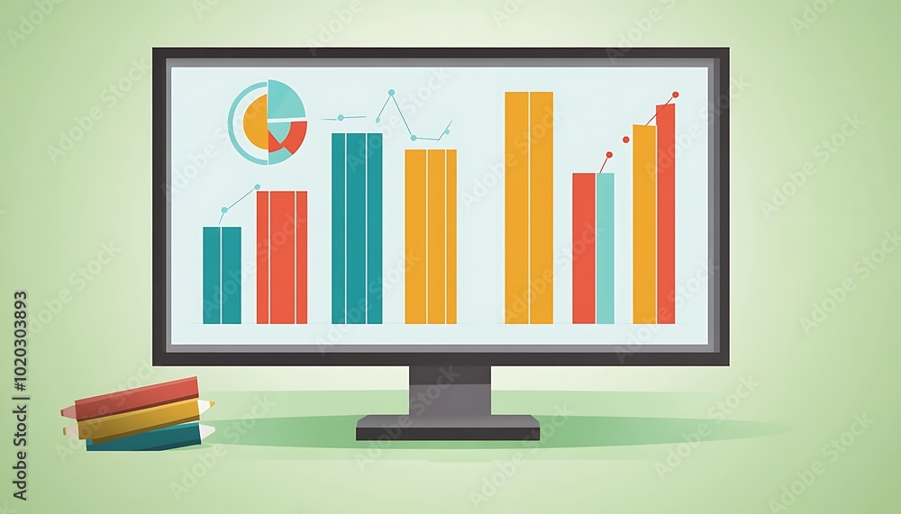 Poster computer monitor displaying a chart with colorful bars and lines