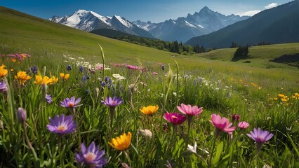 Fototapeta premium Sunny Spring Landscape with Blooming Wildflowers and Mountain Views