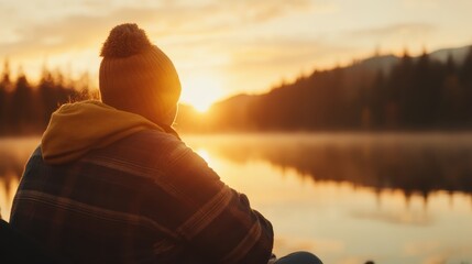 An individual bundled in warm attire gazes over a serene lake at sunset, immersed in the tranquility of nature and contemplation, reflecting a peaceful moment.