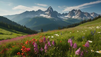 Sunny Spring Landscape with Blooming Wildflowers and Mountain Views