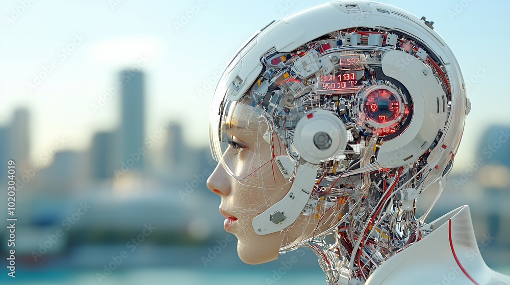 Poster futuristic robot head with intricate circuitry and glowing elements, set against city skyline. desig