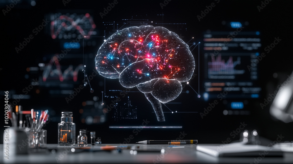 Poster holographic brain floats above desk, surrounded by data visualizations and scientific tools, creating futuristic atmosphere of innovation and exploration