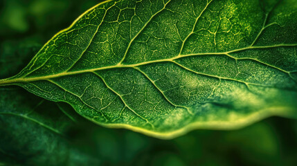 Fototapeta premium Close-up of bright green leaf texture with detailed veins in natural light