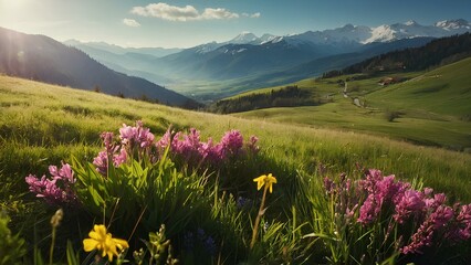 Obraz premium Sunny Spring Landscape with Blooming Wildflowers and Mountain Views