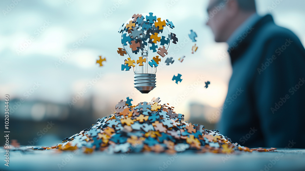 Leinwandbilder lightbulb made of colorful puzzle pieces floats above pile of scattered puzzle pieces, symbolizing creativity and problem solving. blurred figure in background adds depth to scene