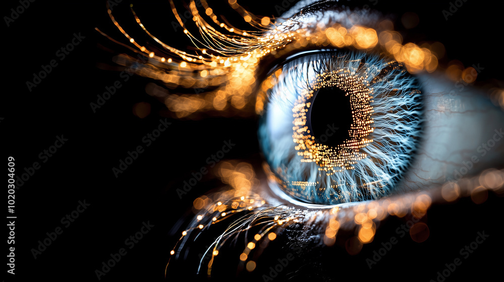 Poster close up of human eye with intricate details, showcasing vibrant colors and mesmerizing pattern. eye appears to be scanning, reflecting sense of curiosity and depth