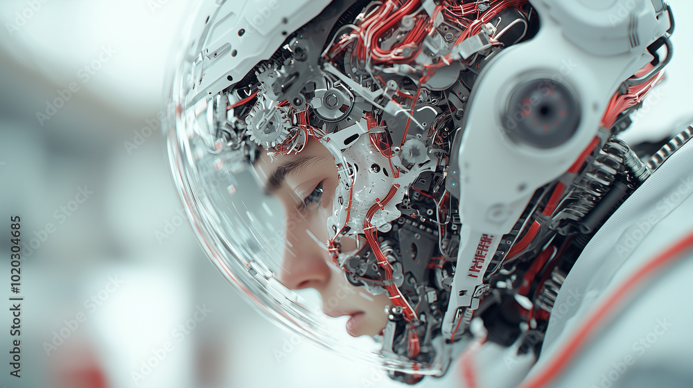 Poster robotic head with intricate mechanical gears and circuits is depicted, showcasing advanced technolog