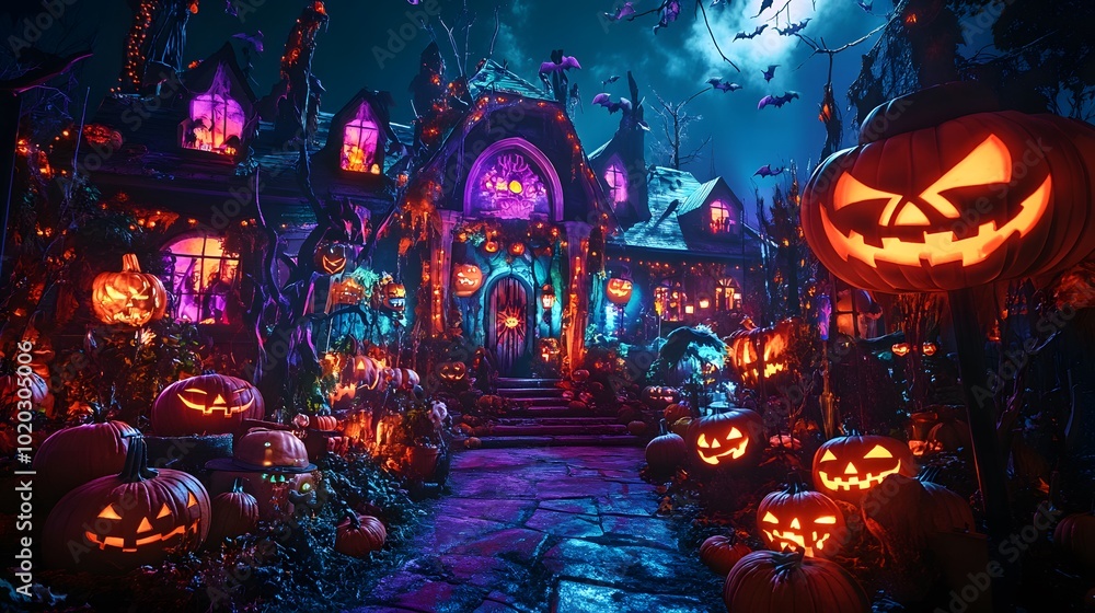 Poster a lively halloween scene featuring interactive decorations, such as motion-sensor props that react t