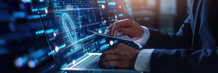 A professional engages with a laptop displaying a digital interface, emphasizing data protection within a cyber security framework. Generative AI