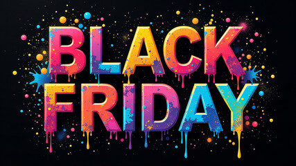 Black Friday lettering in paint on black background in graffiti style. Multi colored paints are dripping from the letters. Paint splashes and smudges