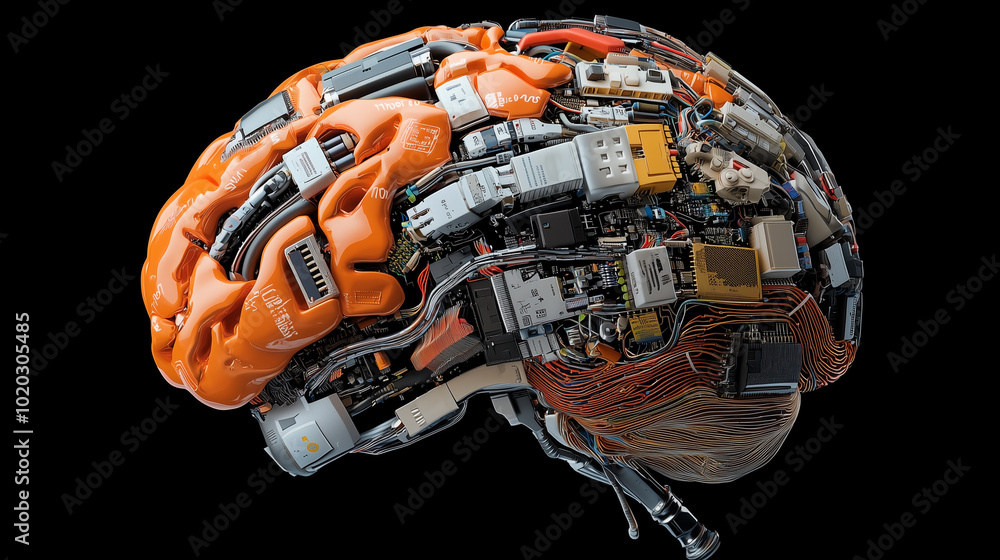 Aufkleber image showcases robotic brain composed of intricate circuit boards and electronic components, symbolizing advanced technology and artificial intelligence