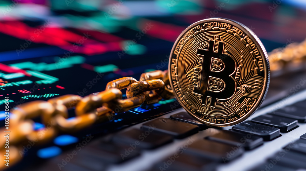 Poster Digital currency and blockchain technology are represented by Bitcoin coin resting on keyboard, symbolizing intersection of finance and technology