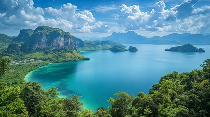 Picturesque View of a Tropical Island Archipelago with Lush Green Foliage, a Calm Blue Sea, and a Clear Sky