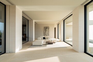 Serene Minimalist Living Room: sunlit modern interior design with expansive windows, neutral color palette, and sleek contemporary furniture.  