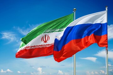 Russia flag and Iran flag fly side by side on clear blue sky background. Political relationship between Russia and Iran 