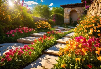 bright colorful plant arrangements sleek stone pathways featuring lush greenery floral accents, flowers, foliage, decoration, landscape, outdoor, garden