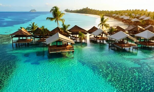 Beach travel vacation hotel overwater bungalows luxury resort in coral reef lagoon ocean