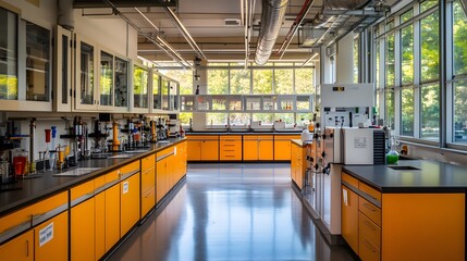 105. A vibrant chemistry lab with active experimentation around fume hoods