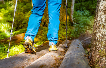 Hiking in the mountains with walking poles, beautiful views.