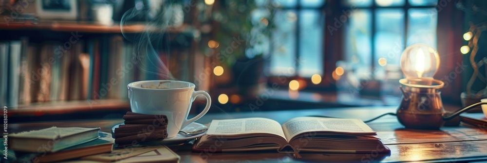 Poster enjoy a warm atmosphere with a steaming cup of coffee beside open books, creating a perfect reading 