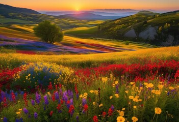 Obraz premium breathtaking panoramic view showcasing lush vibrant wildflower fields under clear blue skies early morning light, canvas, cheerful, color, colorful