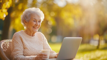 カフェでpcを見ながら微笑むシニア女性