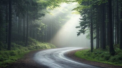 Obraz premium A foggy, winding road through a dense evergreen forest. The mist hovers low over the ground, partially 16:9