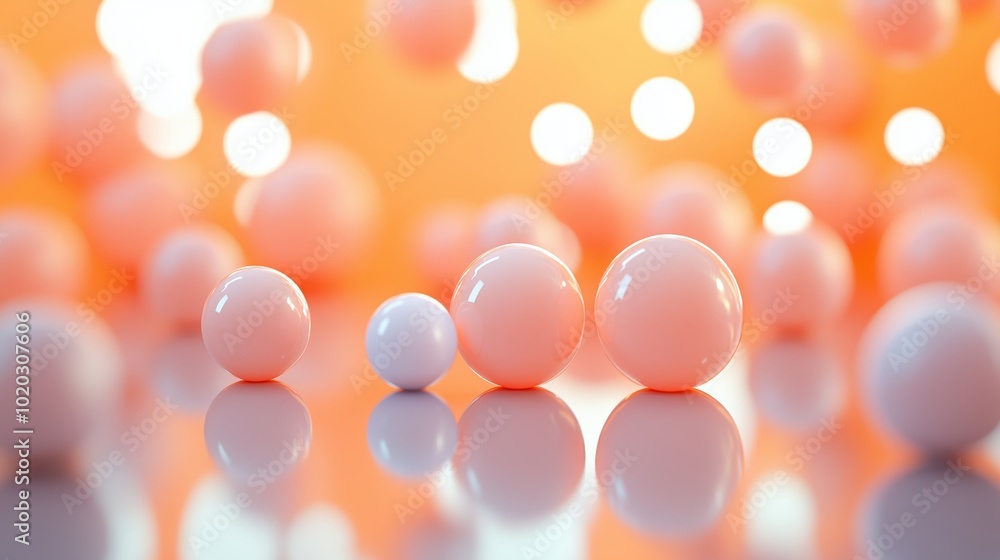 Canvas Prints Colorful collection of pastel spheres arranged in varying sizes on a reflective surface against a soft orange background