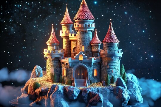 3D Fantasy Castle, Radiant starlit backdrop Background Wallpaper