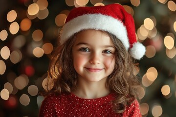 Child wearing Santa hat smiling in front of Christmas tree Generative AI