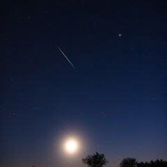 Full Moon, stars, planets and landscape scenery silhouettes.