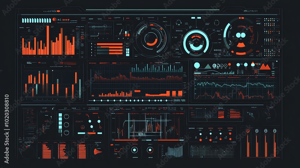 Poster futuristic digital interface with various charts and graphs