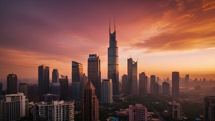 Obraz premium Serene Evening: A Breathtaking City Skyline Against a Pink and Orange Sky