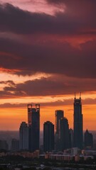 Fototapeta premium Serene Evening: A Breathtaking City Skyline Against a Pink and Orange Sky