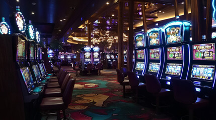 A row of illuminated slot machines in a casino setting with chairs and a patterned carpet.