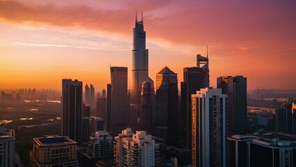Serene Evening: A Breathtaking City Skyline Against a Pink and Orange Sky