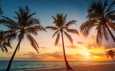 some palm trees on a beach at sunset