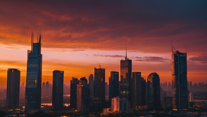Fototapeta premium Serene Evening: A Breathtaking City Skyline Against a Pink and Orange Sky